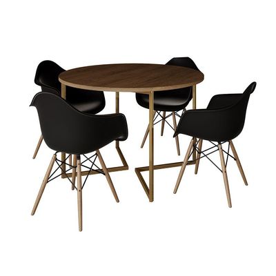 Mesa Jantar Industrial Redonda 110Cm Amêndoa Base V Dourada C/4 Poltronas Daw Madeira Cor: Amendoa