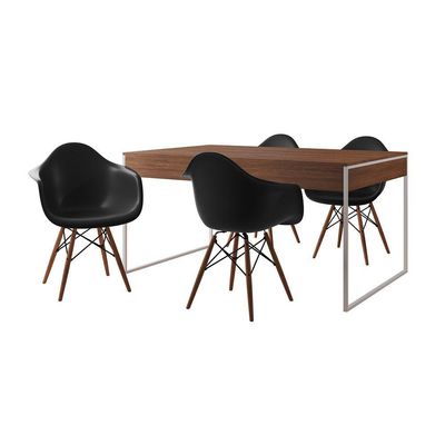 Mesa Jantar Industrial Amêndoa 137X90Cm Base Ferro Branco Com 4 Poltronas Pretas Ei Cor: Amendoa