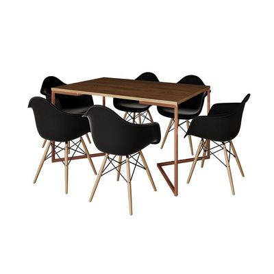 Mesa Industrial Retangular Jantar 137X90Cm Amêndoa Base Cobre V Com 6 Poltronas Pretas Cor: Amendoa