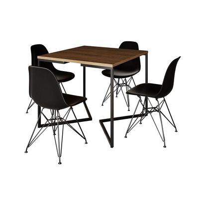 Mesa Jantar Industrial Quadrada 90Cm Amêndoa Base V Com 4 Cadeiras Pretas Ferro Preto Cor: Amendoa