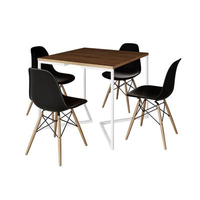 Mesa Jantar Industrial Amêndoa 90X90Cm Base V Ferro Branco C/4 Cadeiras Madeira Preta Cor: Amendoa