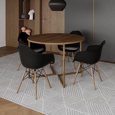 Mesa Jantar Industrial Redonda 110Cm Amêndoa Base V Dourada C/4 Poltronas Daw Madeira Cor: Amendoa