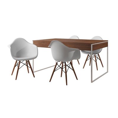 Mesa Jantar Industrial Amêndoa 137X90Cm Base Ferro Branco Com 4 Poltronas Brancas E Cor: Amendoa