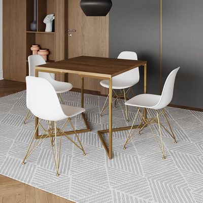 Mesa Jantar Industrial Quadrada 90Cm Amêndoa Base V C/4 Cadeiras Brancas Base Dourada Cor: Amendoa