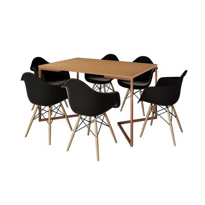 Mesa Industrial Retangular Jantar 137X90Cm Canela Base Cobre V Com 6 Poltronas Pretas M Cor: Canela