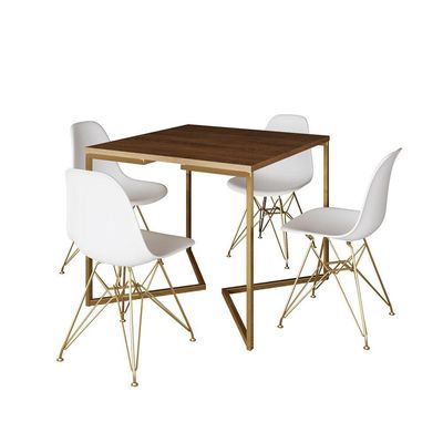 Mesa Jantar Industrial Quadrada 90Cm Amêndoa Base V C/4 Cadeiras Brancas Base Dourada Cor: Amendoa