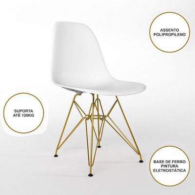 Mesa Jantar Industrial Quadrada 90Cm Amêndoa Base V C/4 Cadeiras Brancas Base Dourada Cor: Amendoa