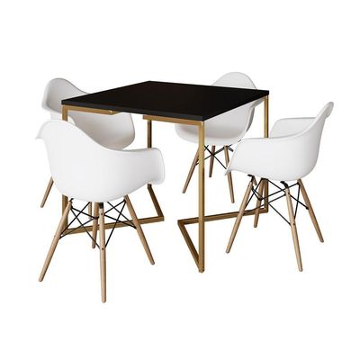 Mesa Jantar Industrial Quadrada 90Cm Preta Base V Dourada Com 4 Poltronas Daw Madeira B Cor: Preto
