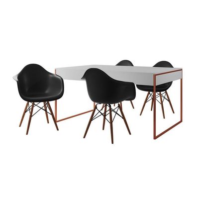 Mesa Jantar Industrial Branca 137X90Cm Base Cobre Com 4 Poltronas Pretas Mad Cor: Branco