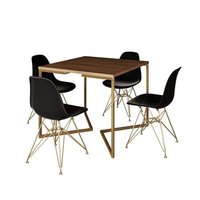 Mesa Jantar Industrial Quadrada 90Cm Amêndoa Base V Com 4 Cadeiras Pretas Base Dourada Cor: Amendoa