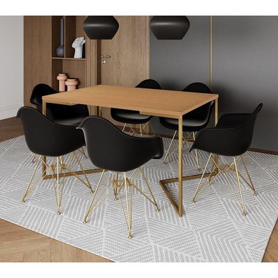 Mesa Jantar Industrial Canela 137X90Cm Base V Com 6 Poltronas Daw Pretas Base Dourada Cor: Canela