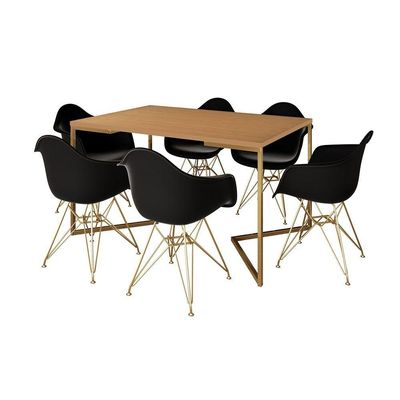 Mesa Jantar Industrial Canela 137X90Cm Base V Com 6 Poltronas Daw Pretas Base Dourada Cor: Canela