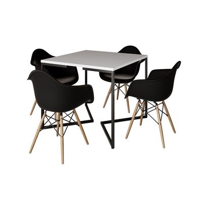 Mesa Jantar Industrial Quadrada Branca 90Cm Base V Ferro Preto Com 4 Poltronas Pretas M Cor: Branco
