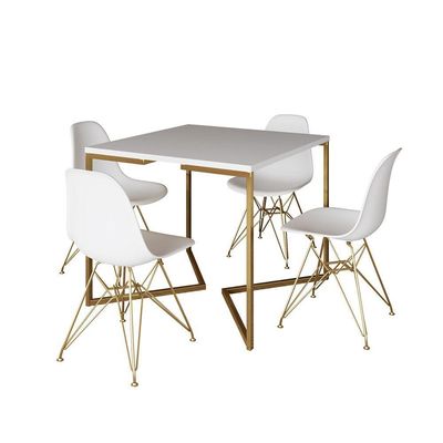 Mesa Jantar Industrial Quadrada 90Cm Branca Base V Com 4 Cadeiras Brancas Base Dourada Cor: Branco