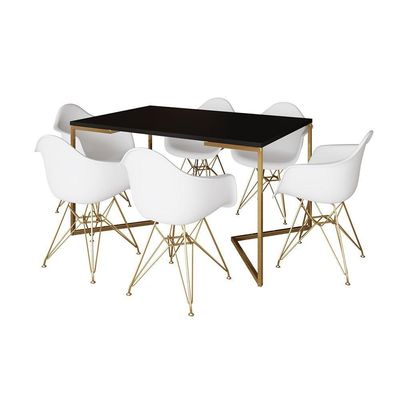 Mesa Jantar Industrial Preta 137X90Cm Base V Com 6 Poltronas Daw Brancas Base Dourada Cor: Preto
