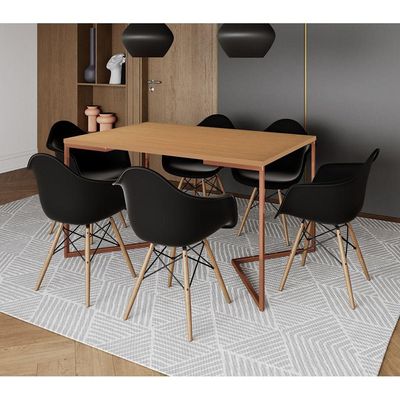Mesa Industrial Retangular Jantar 137X90Cm Canela Base Cobre V Com 6 Poltronas Pretas M Cor: Canela