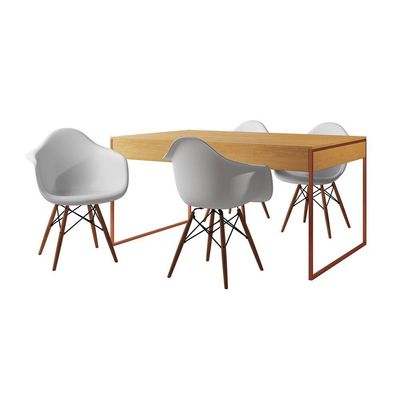 Mesa Jantar Industrial Canela 137X90Cm Base Cobre Com 4 Poltronas Brancas Ma Cor: Canela