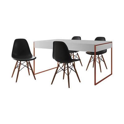 Mesa Jantar Industrial Retangular Branca 137X90Cm Base Cobre Com 4 Cadeiras Pretas Cor: Branco