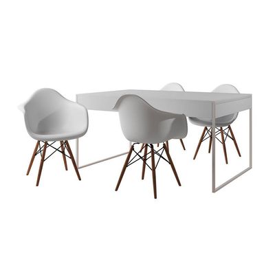 Mesa Jantar Industrial Branca 137X90Cm Base Ferro Branco Com 4 Poltronas Brancas Ei Cor: Branco