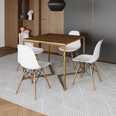 Mesa Jantar Industrial Quadrada 90Cm Amêndoa Base V Dourada C/4 Cadeiras Madeira Bran Cor: Amendoa