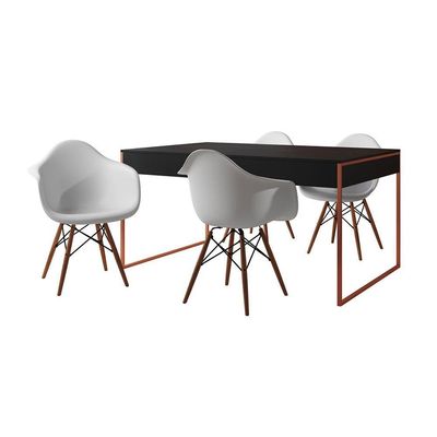 Mesa Jantar Industrial Preta 137X90Cm Base Cobre Com 4 Poltronas Brancas Mad Cor: Preto