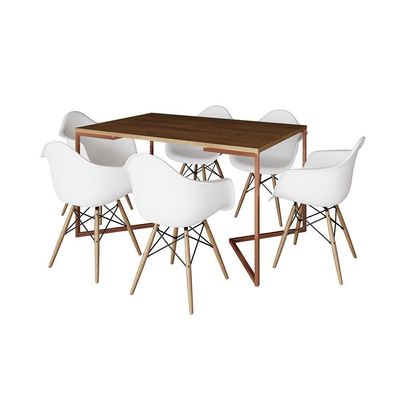 Mesa Industrial Retangular Jantar 137X90Cm Amêndoa Base Cobre V Com 6 Poltronas Brancas Cor: Amendoa