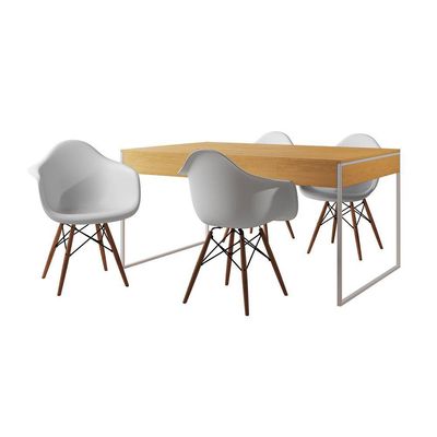 Mesa Jantar Industrial Canela 137X90Cm Base Ferro Branco Com 4 Poltronas Brancas Ei Cor: Canela