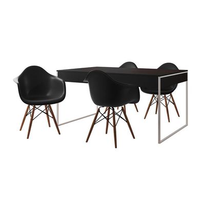 Mesa Jantar Industrial Preta 137X90Cm Base Ferro Branco Com 4 Poltronas Pretas Cor: Preto