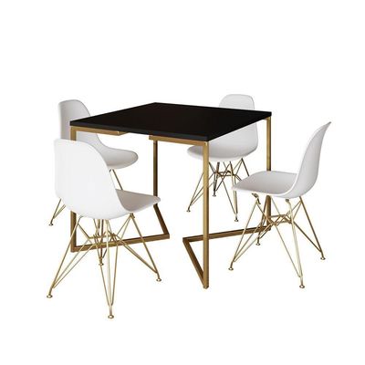 Mesa Jantar Industrial Quadrada 90Cm Preta Base V Com 4 Cadeiras Brancas Base Dourada Cor: Preto
