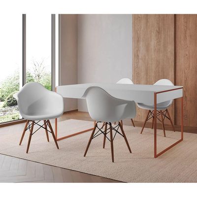 Mesa Jantar Industrial Branca 137X90Cm Base Cobre Com 4 Poltronas Brancas Ma Cor: Branco