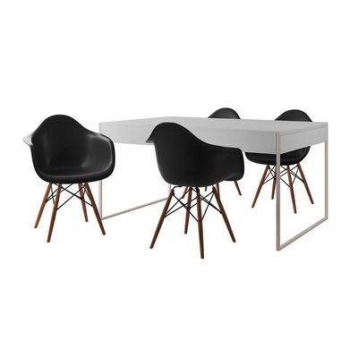 Mesa Jantar Industrial Branca 137X90Cm Base Ferro Branco Com 4 Poltronas Pretas Eif Cor: Branco