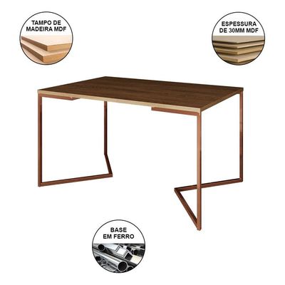 Mesa Industrial Retangular Jantar 137X90Cm Amêndoa Base Cobre V Com 6 Poltronas Brancas Cor: Amendoa