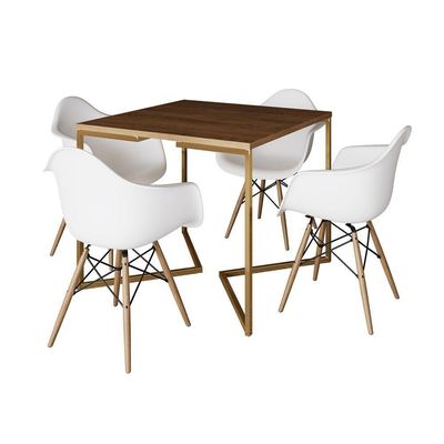 Mesa Jantar Industrial Quadrada 90Cm Amêndoa Base V Dourada C/4 Poltronas Daw Madeira Cor: Amendoa