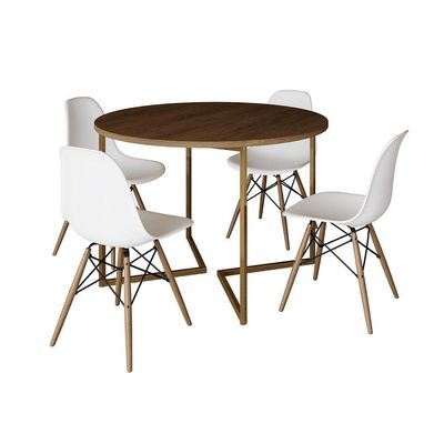 Mesa Jantar Industrial Redonda 110Cm Amêndoa Base V Dourada C/4 Cadeiras Madeira Bran Cor: Amendoa