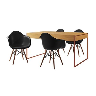 Mesa Jantar Industrial Canela 137X90Cm Base Cobre Com 4 Poltronas Pretas Mad Cor: Canela
