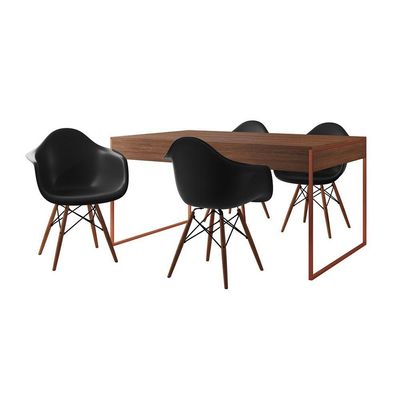 Mesa Jantar Industrial Amêndoa 137X90Cm Base Cobre Com 4 Poltronas Pretas Ma Cor: Amendoa