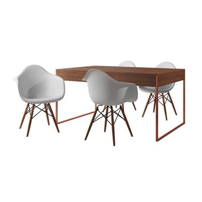 Mesa Jantar Industrial Amêndoa 137X90Cm Base Cobre Com 4 Poltronas Brancas M Cor: Amendoa