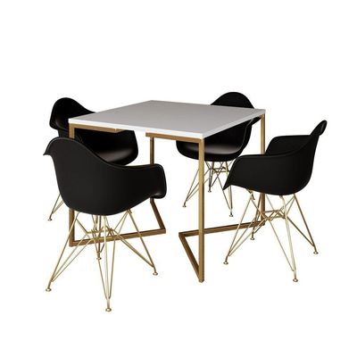 Mesa Jantar Industrial Quadrada 90Cm Branca Base V Com 4 Poltronas Daw Pretas Base Dour Cor: Branco
