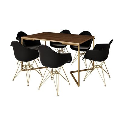 Mesa Jantar Industrial Amêndoa 137X90Cm Base V Com 6 Poltronas Daw Pretas Base Dourada Cor: Amendoa