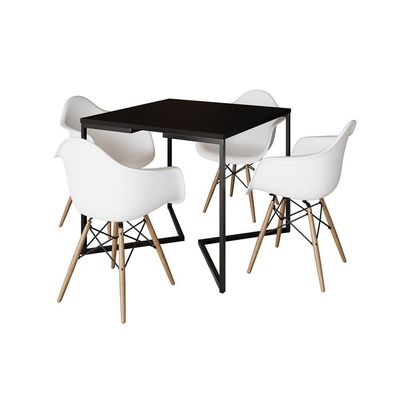 Mesa Jantar Industrial Quadrada Preta 90Cm Base V Ferro Preto Com 4 Poltronas Brancas M Cor: Preto