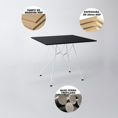 Mesa De Jantar Quadrada 90Cm Preta Com 4 Cadeiras Pretas Base Ferro Branco Cor: Preto