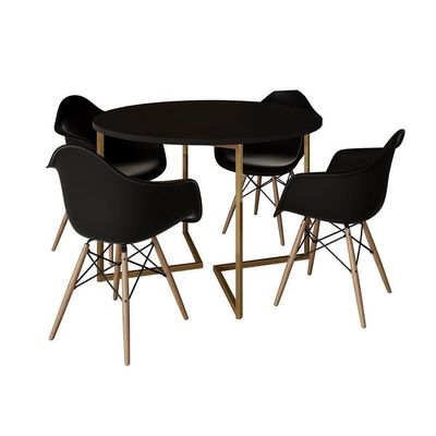 Mesa Jantar Industrial Redonda 110Cm Preta Base V Dourada Com 4 Poltronas Daw Madeira P Cor: Preto