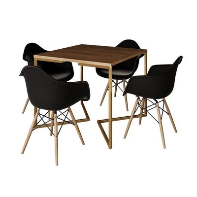 Mesa Jantar Industrial Quadrada 90Cm Amêndoa Base V Dourada C/4 Poltronas Daw Madeira Cor: Amendoa
