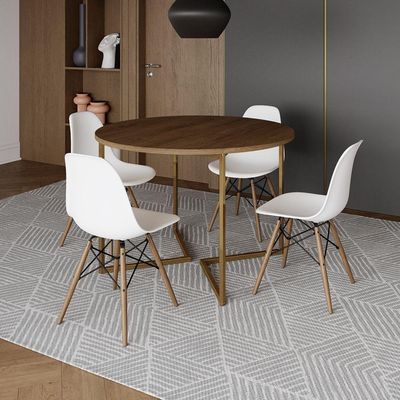 Mesa Jantar Industrial Redonda 110Cm Amêndoa Base V Dourada C/4 Cadeiras Madeira Bran Cor: Amendoa
