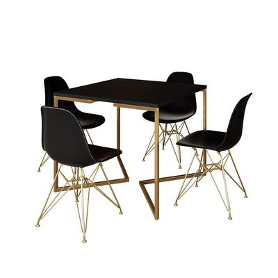 Mesa Jantar Industrial Quadrada 90Cm Preta Base V Com 4 Cadeiras Pretas Base Dourada Cor: Preto