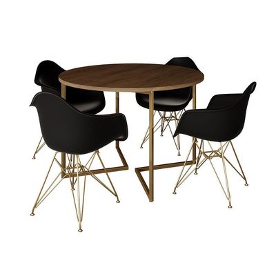Mesa Jantar Industrial Amêndoa 110Cm Redonda Base V C/4 Poltronas Daw Pretas Base Dou Cor: Amendoa