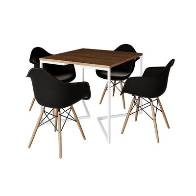 Mesa Jantar Industrial Quadrada 90Cm Amêndoa Base V Ferro Branco C/4 Poltronas Pretas Cor: Amendoa