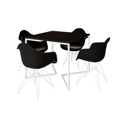 Mesa Jantar Industrial Quadrada Preta 90Cm Base V Com 4 Poltronas Pretas Ferro Branco Cor: Preto