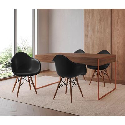 Mesa Jantar Industrial Amêndoa 137X90Cm Base Cobre Com 4 Poltronas Pretas Ma Cor: Amendoa