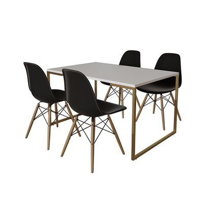 Mesa Jantar Industrial Retangular 137X90Cm Branca Base Dourada Com 4 Cadeiras Madeira P Cor: Branco